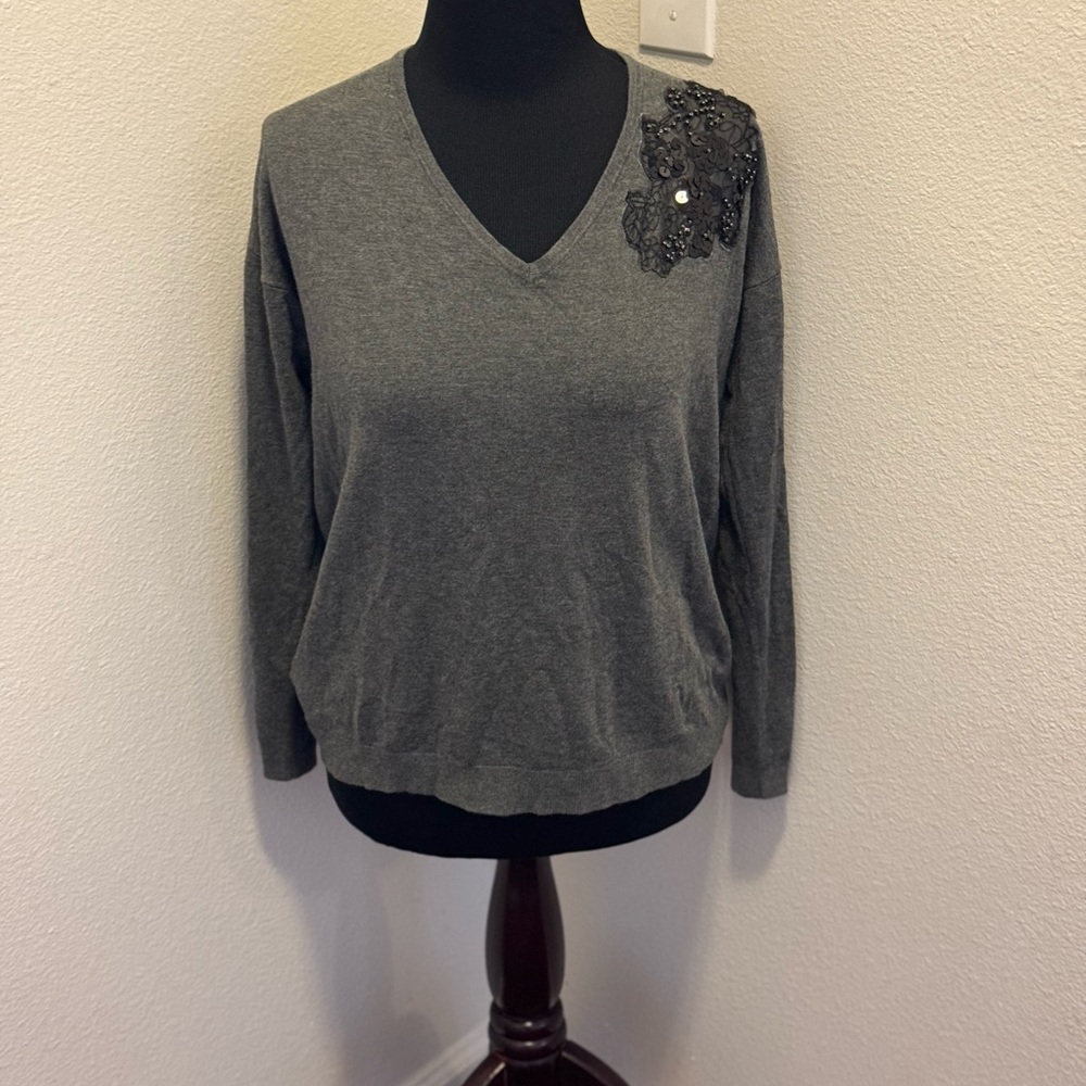 Promod Boutique Gray Tie Back Bow Sweater Pullover French Size L Large